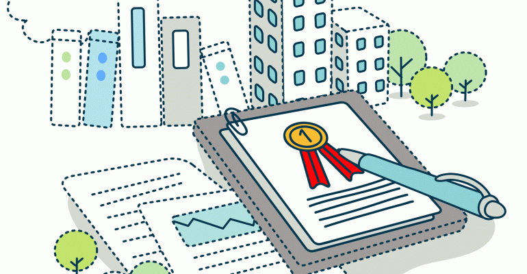 Cartoon of a certificate with buildings in the background